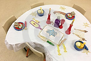 Sabbath table setting in Jewish preschool