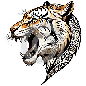 Saber tooth tiger tribal tattoo fierce side view Isolated on white and transparent background