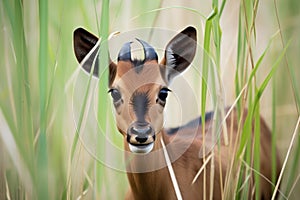 sable antelope calf with budding horns among tall grasses