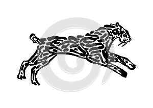 Sabre-toothed tiger animal decorative vector illustration painted by ink, hand drawn grunge cave painting, black isolated running