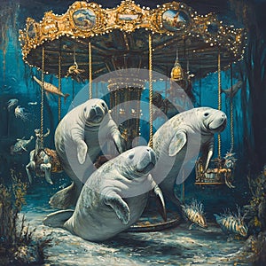featuring manatees playfully interacting with a carousel
