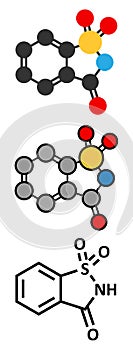 Saccharin artificial sweetener molecule sugar substitute. Stylized 2D renderings and conventional skeletal formula.