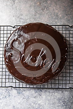 Sacher cake. Traditional Austrian chocolate dessert. Homemade baking. Selective focus, close-up