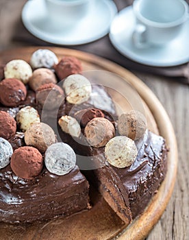 Sacher torte decorated with truffles