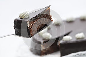 Sacher torte on metal spoon, birthday cake on white plate, patisserie, whipped cream on cake, photography for shop, chocolate cake