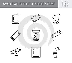 Sachet line icons. Vector illustration included icon as sugar powder packet, soluble pill, effervescent effect outline