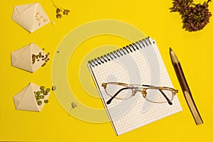 Sachets with scattered seeds, notebook, pen on a yellow background. View from above. Place for an inscription. Garden concept