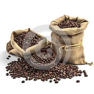 Sack with brown roasted coffee beans. Isolated white background. Created with generative AI