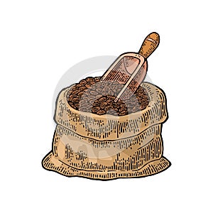 Sack with coffee beans with wooden scoop.