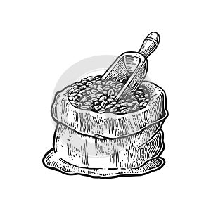 Sack with coffee beans with wooden scoop. Hand drawn sketch style. Vintage black vector engraving illustration for label