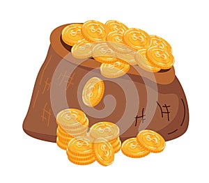 Sack of gold coins overflowing, riches concept, finance and savings. Treasure bag with money, investment and wealth