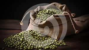 A sack gunny of green mung bean studio shot product presentation food photography