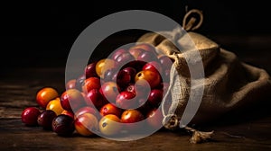 A sack gunny of raw coffee fruits studio shot product photography and good presentation