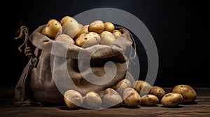 Sack of potatoes on a dark background. Fresh potatoes in an old sack