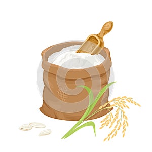Sack with rice flour, plant and scoop isolated on white background.