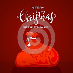 Sack of Santa on Red Background and Text Merry Christmas