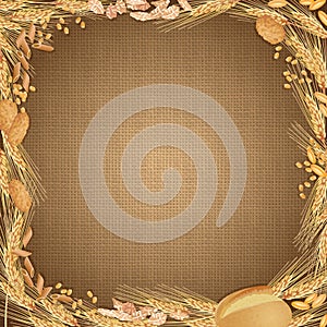 Sackcloth background with the wheat foodstuff at the edges