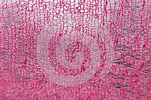 Sackcloth, cheesecloth pink textured textile background. Macro.