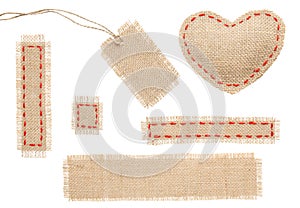 Sackcloth Heart Shape Patch Tag Label Object with Stitches Seam photo