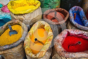 Sacks of Colored Paint Pigment Powders in Istanbul, Turkey