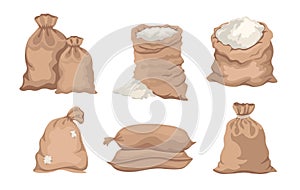 Sacks with Flour, Bags with Rice or Salt, Closed and Open Sacks with White Dust inside Farm Production in Brown Bales