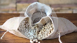 Sacks of legumes, beans, lentils and chickpeas