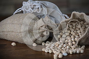 Sacks of legumes, beans, lentils and chickpeas