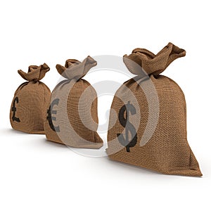 Sacks with money different currencies on white. Dollar, Euro, Pound. 3D illustration