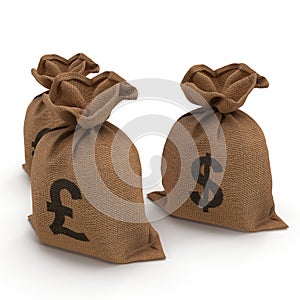 Sacks with money different currencies on white. Dollar, Euro, Pound. 3D illustration