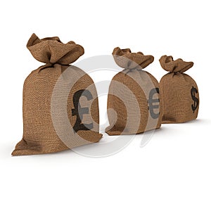 Sacks with money different currencies on white. Dollar, Euro, Pound. 3D illustration