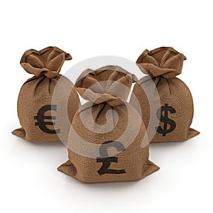 Sacks with money different currencies on white. Dollar, Euro, Pound. 3D illustration