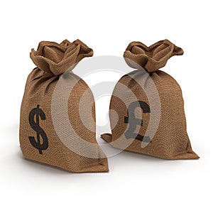 Sacks with money different currencies on white. Dollar, Pound. 3D illustration
