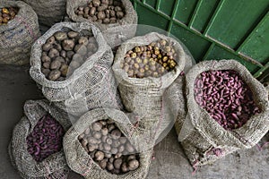 Sacks with potatoes in Silvia market, Popayan, Colombia.