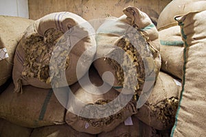 Sacks with raw wool