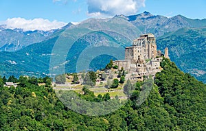 Scenic sight of the Sacra di San Michele Saint Michael`s Abbey. Province of Turin, Piedmont, Italy.