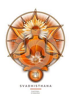 Sacral chakra meditation in yoga lotus pose, in front of svadhisthana chakra symbol.