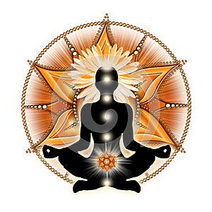 Sacral chakra meditation in yoga lotus pose, in front of svadhisthana chakra symbol.