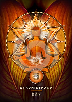 Sacral chakra meditation in yoga lotus pose, in front of svadhisthana chakra symbol and canna leaf.