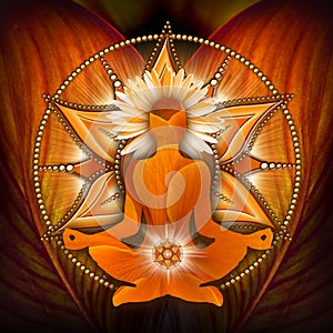 Sacral chakra meditation in yoga lotus pose, in front of svadhisthana chakra symbol and canna leaf.