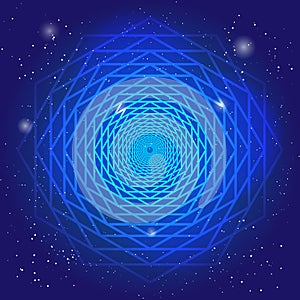 Sacral symbol in the space, on deep blue sky with stars. Spiritual design. The passage of time in universe.