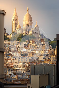 Sacre coeur basilica above Montmartre summit , Paris, France