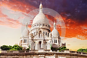 Sacre Coeur Cathedral on Montmartre Hill at Dusk