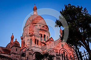 Sacre Coeur Cathedral on Montmartre Hill at Dusk, Paris