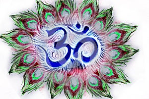 Sacred aum sanskrit symbol in circle of peacock feathers