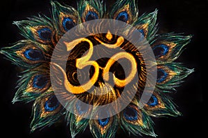 Sacred aum sanskrit symbol in circle of peacock feathers