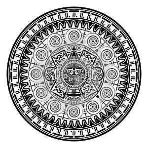 Sacred Aztec wheel calendar Mayan sun god, Maya symbols ethnic mask, black tattoo round frame border old logo icon vector