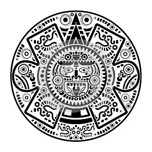 Sacred Aztec wheel calendar Mayan sun god, Maya symbols ethnic mask, black tattoo round frame border old logo icon vector