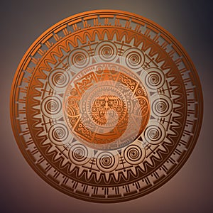 Sacred Aztec wheel calendar Mayan sun god, Maya symbols ethnic mask, bronze round frame border old logo icon vector illustration