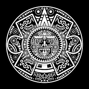 Sacred Aztec wheel calendar Mayan sun god, Maya symbols ethnic mask, white tattoo round frame border old logo icon vector