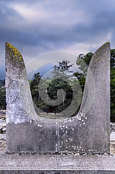 The sacred Bull Horns sculpture symbol of power for the Minoans next to the South Propylaeum building at the archaeological site photo